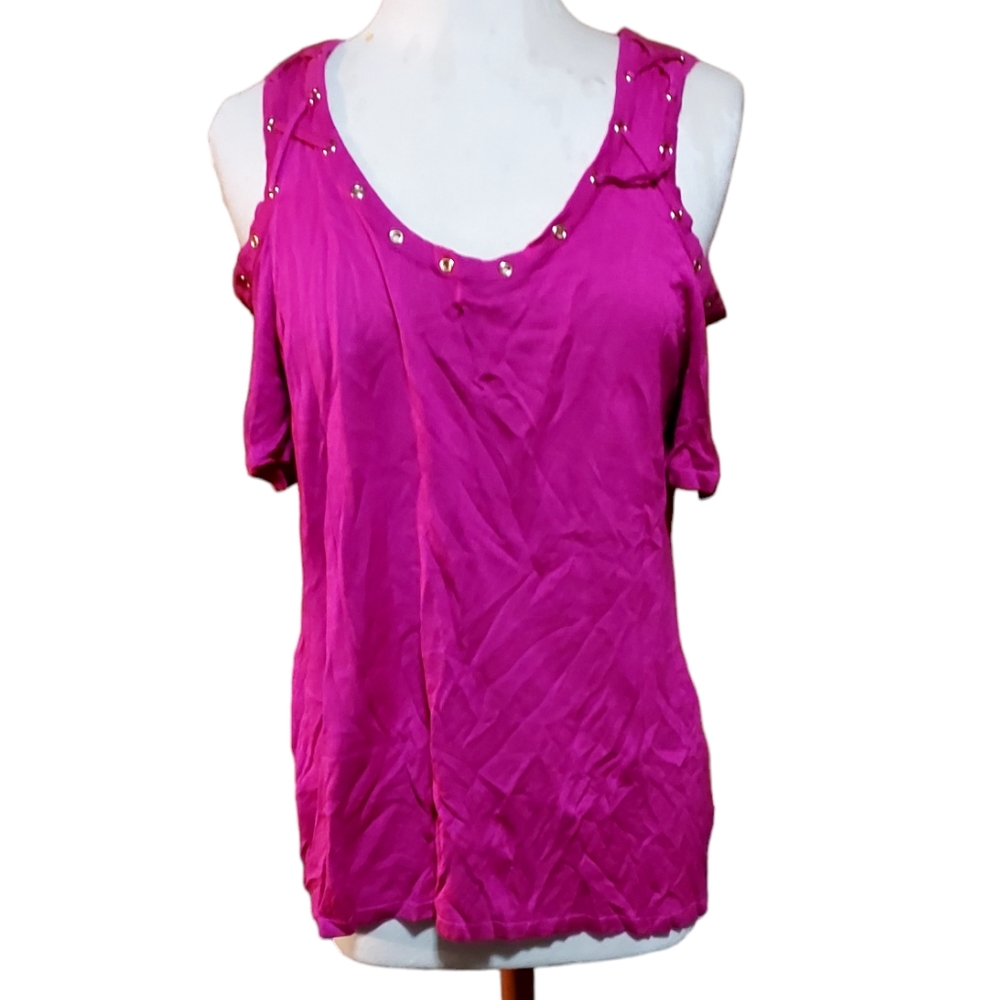 Cato 1xl Blouse Top Shirt Tank Pink Fuscia Cold Shoulder Ribbed Crewneck…